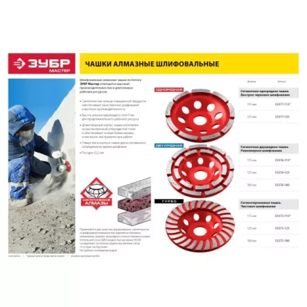 Чашка алмазная шлифовальная по бетону ЗУБР &quot;МАСТЕР&quot; сегментная однорядная, 125мм 33377-125 купить в Тобольске