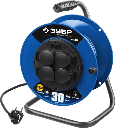 Удлинитель на катушке &quot;ПВС 315&quot;, 30 м, 3500 Вт, 4 гнезда, IP44, ПВС 3х1,5 кв мм, ЗУБР 55081-30 купить в Тобольске
