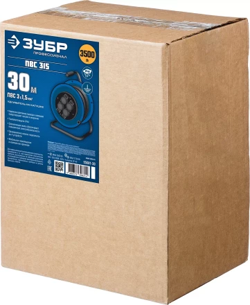 Удлинитель на катушке &quot;ПВС 315&quot;, 30 м, 3500 Вт, 4 гнезда, IP44, ПВС 3х1,5 кв мм, ЗУБР 55081-30 купить в Тобольске
