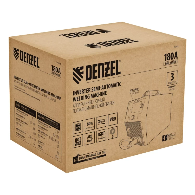Аппарат инвертор. полуавтомат. cварки Denzel IMIG-185SDR 94363, 180 А, ПВ 60%, катушка 5 кг купить в Тобольске