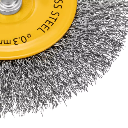 Щетка для дрели Denzel 100 мм, плоская, со шпилькой, нержавеющая витая проволока, 744793 купить в Тобольске