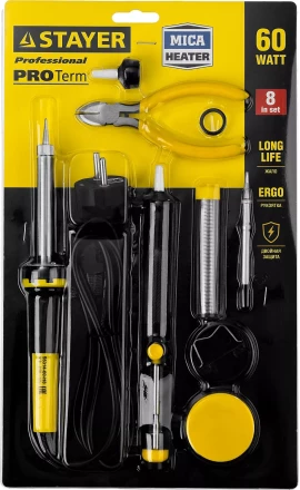 Набор STAYER &quot;PROFI&quot; для паяльных работ, паяльник 55300 + подставка + припой + жало сменное + шприц + насадка на жало + канифоль + кусачки, 60 Вт 55314-60-H8 купить в Тобольске