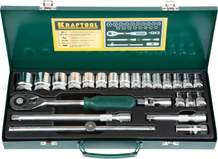 Набор торцовых головок KRAFTOOL &quot;INDUSTRIE QUALITAT&quot; (1/2&quot;) универсальный, Cr-V, металлический кейс, 24 предмета 27892-H24_z01 купить в Тобольске