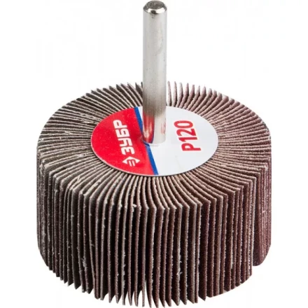 Круг шлифовальный ЗУБР &quot;МАСТЕР&quot; веерный лепестковый, на шпильке, тип КЛО, зерно-электрокорунд нормальный, P120, 30х60мм 36602-120 купить в Тобольске