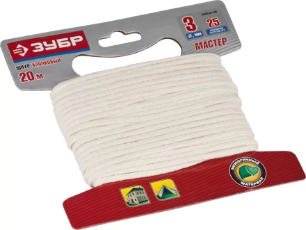 Шнур ЗУБР хлопковый плетеный, натуральный, без сердечника, d=3, 20 м, 25 кгс, 3,75 ктекс 50350-03-020 купить в Тобольске