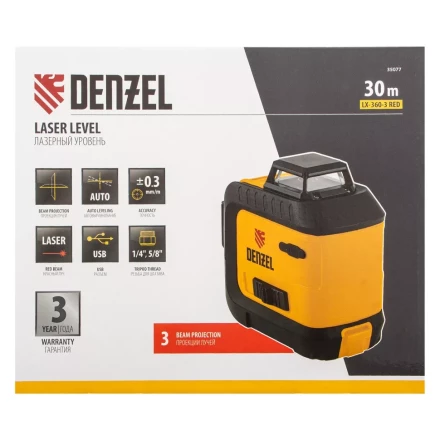 Лазерный уровень мультипризменный LX 360-3 Red, 30 м, 635 нм, аккумулятор Li 2800 мАч, резьба 5/8&quot; Denzel 35077 купить в Тобольске