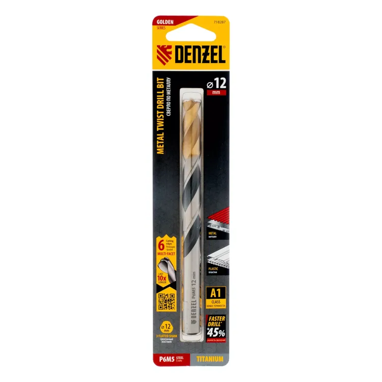 Сверло спиральное по металлу Denzel 12 x 151мм, Р6М5, Golden Tip, многогранная заточка, 718287 купить в Тобольске