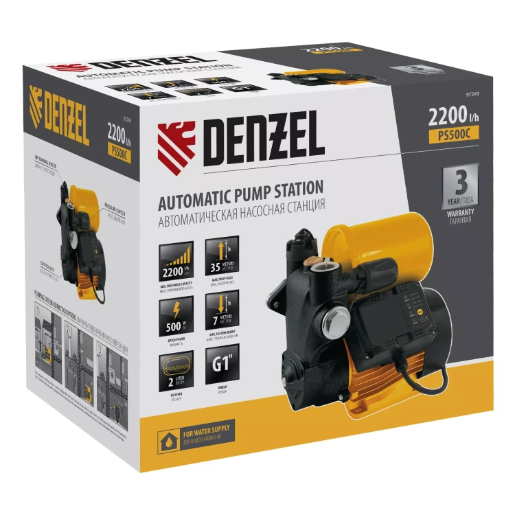 Насосная станция Denzel PS500C, 500 Вт, напор 35 м, 2200 л/ч, ресивер 2 л, блок управления 97249 купить в Тобольске