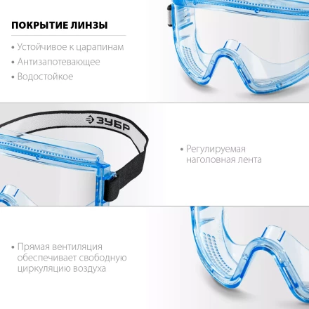 ЗУБР ПАНОРАМА П, закрытого типа, стекло из ударопрочного поликарбоната, защитные очки с прямой вентиляцией, Профессионал (110231) купить в Тобольске