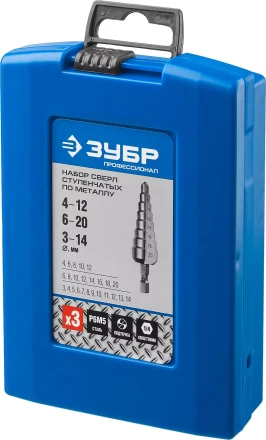 Набор ЗУБР ступенчатых сверл по сталям и цвет. мет. ст. Р6М5, d=3-14мм, 12ступ. d=4-12мм 5 ступ., d=6-20мм 14ступ. 29670-3-20-H3_z01 купить в Тобольске