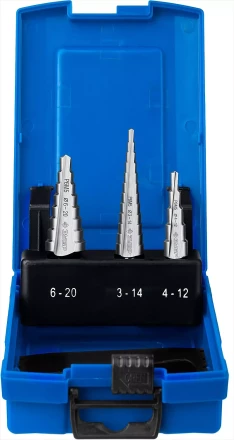 Набор ЗУБР ступенчатых сверл по сталям и цвет. мет. ст. Р6М5, d=3-14мм, 12ступ. d=4-12мм 5 ступ., d=6-20мм 14ступ. 29670-3-20-H3_z01 купить в Тобольске