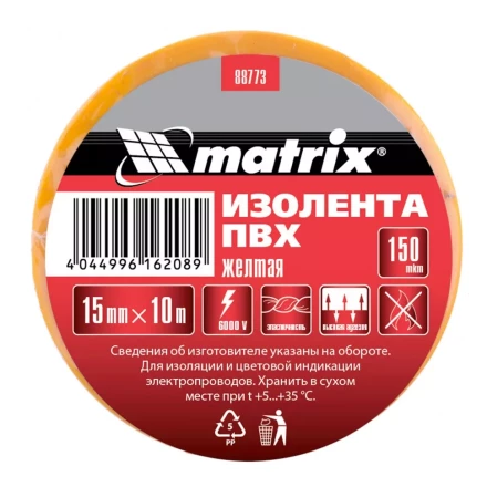 Изолента ПВХ 15 мм х 10 м желтая 150 мкм Matrix 88773 купить в Тобольске