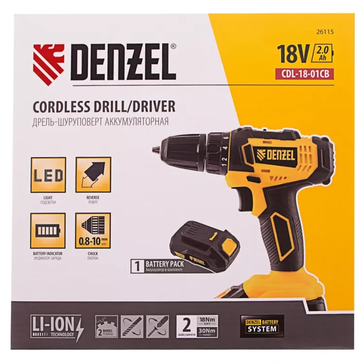 Дрель-шуруповерт аккумуляторная Denzel 26115, CDL-18-01CB, Li-Ion, 18 В, 1 аккумулятор купить в Тобольске
