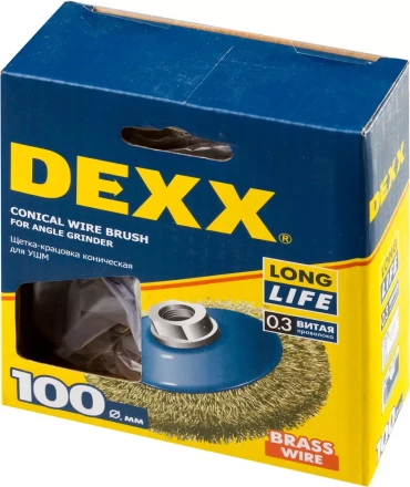 DEXX. Щетка коническая для УШМ, витая стальная латунированная проволока 0,3мм, 100ммхМ14 35105-100 купить в Тобольске
