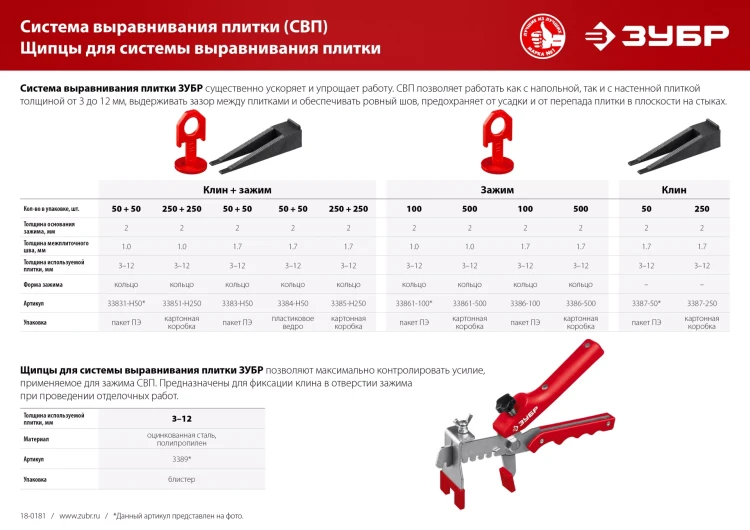 ЗУБР СВП, комплект: 1,7 мм, клин+зажим 50 + 50 шт, система выравнивания плитки (3384-H50) купить в Тобольске