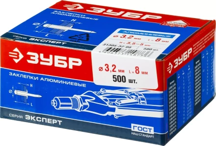 Заклепки ЗУБР алюминиевые, 3,2x 8мм, 500шт 31305-32-08 купить в Тобольске