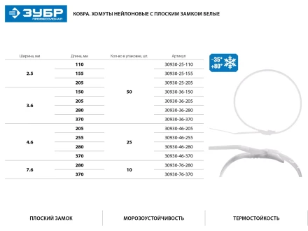 Кабельные стяжки белые КОБРА, с плоским замком, 3.6 х 150 мм, 50 шт, нейлоновые, ЗУБР 30930-36-150 купить в Тобольске