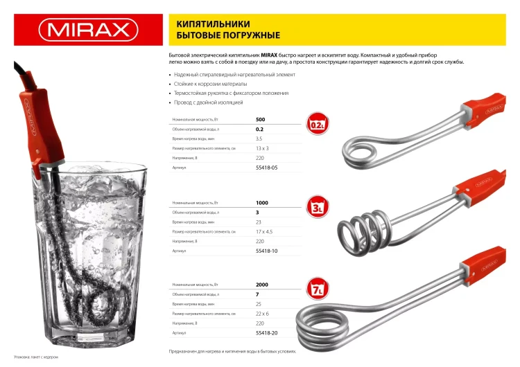 Кипятильник MIRAX, 2000 Вт, 220В 55418-20 купить в Тобольске