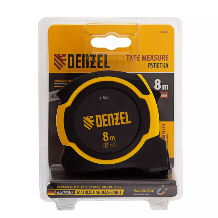 Рулетка Denzel 8м х 25мм, двухкомп. корпус, магнитный обрезиненный зацеп, 31533 купить в Тобольске