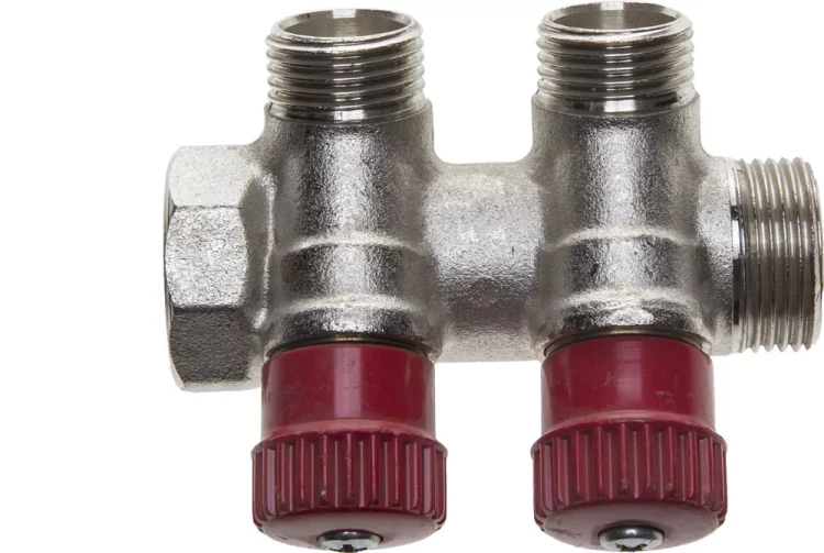 Коллектор GENERAL FITTINGS для горячей воды, вентили, никелированная латунь, вход 3/4" - 2 выхода 1/2" 51046-3/4-1/2-HT2 купить в Тобольске