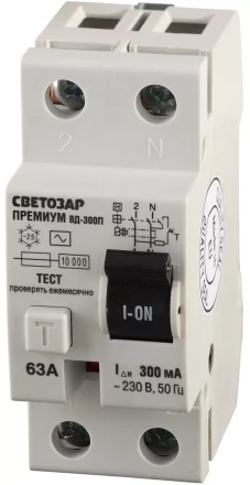 Выключатель дифференциальный &quot;УЗО&quot; СВЕТОЗАР &quot;ПРЕМИУМ&quot;, 2-полюсный, 63 A, &quot;AC&quot;, откл.диф.ток. 300 мА, 230 В SV-49132-300-63 купить в Тобольске