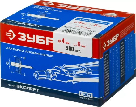 Заклепки ЗУБР алюминиевые, 4,0x 6мм, 500шт 31305-40-06 купить в Тобольске