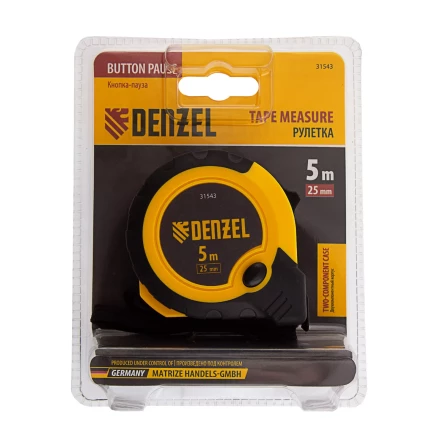 Рулетка Denzel 5м х 25мм, двухкомп. корпус, кнопка-пауза, 31543 купить в Тобольске