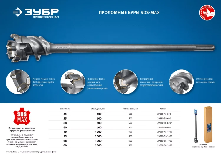 ЗУБР 80 х 500/600 мм, SDS-max проломной бур, Профессионал (29330-80-600) купить в Тобольске