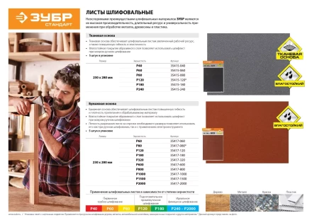 Лист шлифовальный ЗУБР &quot;СТАНДАРТ&quot; на тканевой основе, водостойкий 230х280мм, Р240, 5шт 35415-240 купить в Тобольске