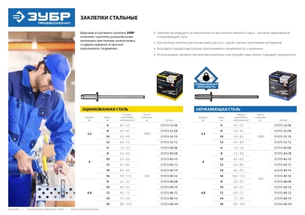 Заклепки ЗУБР стальные, 4,0x12мм, 500шт 31313-40-12 купить в Тобольске