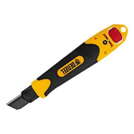 Нож Denzel, 18 мм, сменное лезвие, SK4, корпус из ABS + TPR, торцевой зажим, 78903 купить в Тобольске