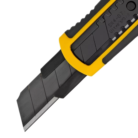 Нож Denzel, 18 мм, сменное лезвие, SK4, корпус из ABS + TPR, торцевой зажим, 78903 купить в Тобольске