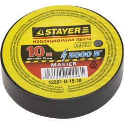 Изолента, STAYER Master 12291-D-15-10, ПВХ, 5000 В, 15мм х 10м, черная 12291-D-15-10