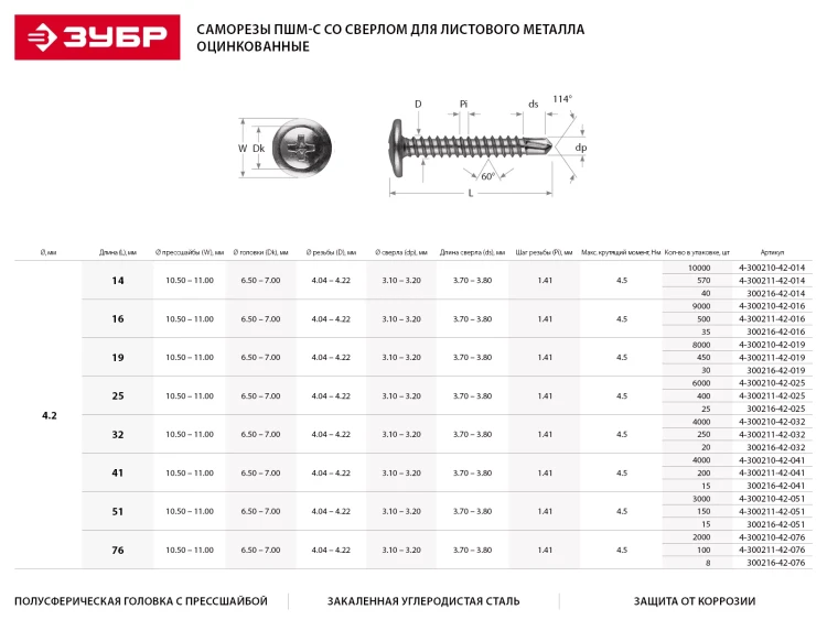 Саморезы ЗУБР с прессшайбой и сверлом по листовому металлу до 2 мм, PH2, 4,2х41 мм, 15шт 300216-42-041 купить в Тобольске