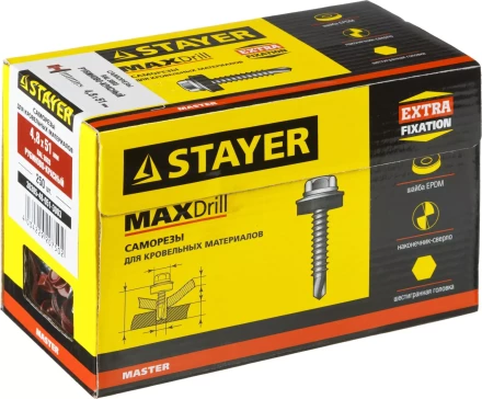 Саморезы СКД кровельные, RAL 3003 рубиново-красный, 51 х 4.8 мм, 250 шт, для деревянной обрешетки, STAYER 30305-48-051-3003 купить в Тобольске