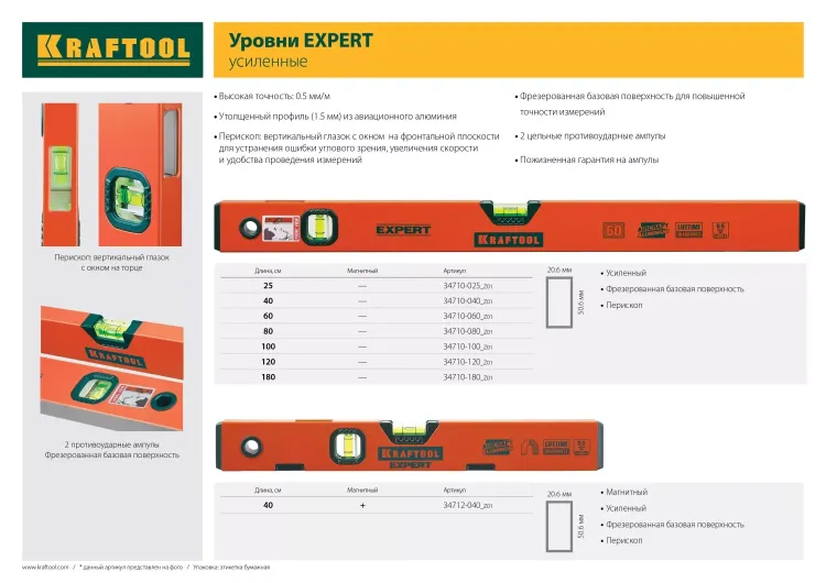Уровень коробчатый "EXPERT", KRAFTOOL 34710-025, 2 ампулы, 0,5 мм/м, 250мм 34710-025_z01 купить в Тобольске