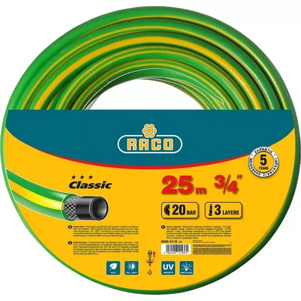 Шланг RACO CLASSIC поливочный, 20атм., армированный, 3-х слойный, 3/4"х25м 40306-3/4-25_z01 купить в Тобольске