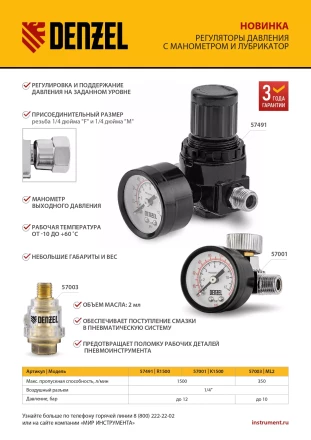 Регулятор давления с манометром Denzel R1500, 12 бар, 1/4&quot;, 57491 купить в Тобольске