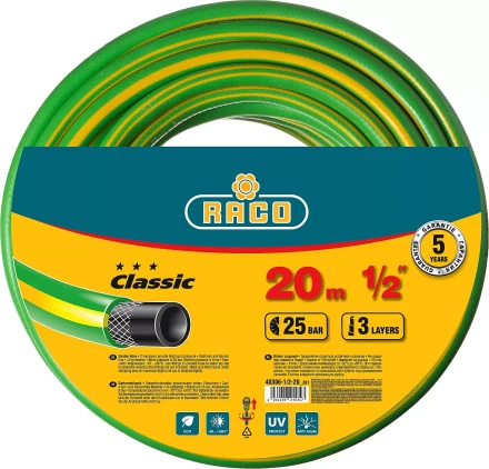 Шланг RACO CLASSIC поливочный, 25атм., армированный, 3-х слойный, 1/2&quot;х20м 40306-1/2-20_z01 купить в Тобольске