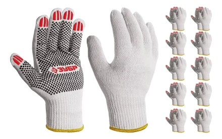 ЗУБР ОПТИМА, L (9), х/б перчатки с ПВХ покрытием (точка), 10 класс, 10 пар (11440-L10) купить в Тобольске