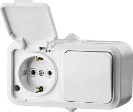 Блок STAYER &quot;MASTER&quot; &quot;MAXIMA&quot; розетка одноместная с заземлением и защитной крышкой, IP54, 16А, 220В, и выключатель одноклавишный, IP54, 10А, 220В 54311-W купить в Тобольске