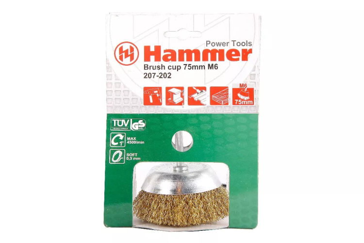 Кордщетка HAMMER чаша 75мм для дрели гофрированная латунированная сталь (207-202) купить в Тобольске