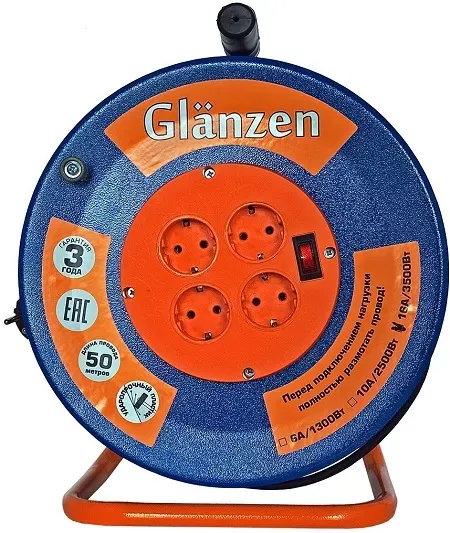 Удлинитель силовой на катушке GLANZEN 4 гн. КГ 3х2,5 ЕВ-50-010 купить в Тобольске