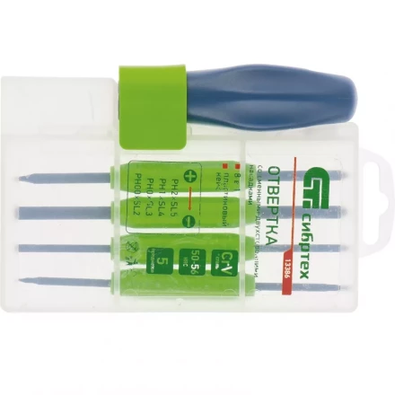 Отвертка со сменными двухсторонними насадками 8 в 1 в пластиковом кейсе CrV Сибртех артикул 13386 купить в Тобольске