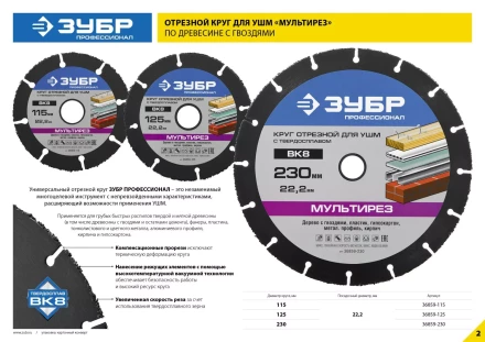 Отрезной круг &quot;МУЛЬТИРЕЗ-ВК8&quot; для УШМ, 230х22,2мм, ЗУБР 36859-230 купить в Тобольске