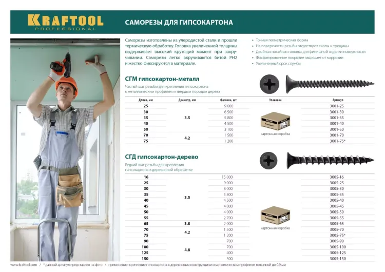 Саморезы СГД гипсокартон-дерево, 45 х 3.5 мм, 4 000 шт, фосфатированные, KRAFTOOL 3005-45 купить в Тобольске