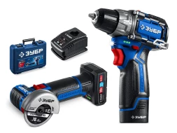 ЗУБР КОМПАКТ #5, набор: дрель-шуруповерт + мини УШМ, BRUSHLESS, 12 В, 45 Н·м, 2 АКБ тип Т7 (4 и 2 А·ч), кейс, Профессионал (DB-121-42AB)