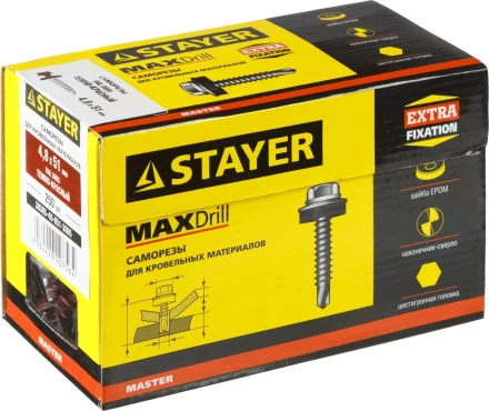 Саморезы СКД кровельные, RAL 3005 темно-красный, 51 х 4.8 мм, 250 шт, для деревянной обрешетки, STAYER 30305-48-051-3005 купить в Тобольске