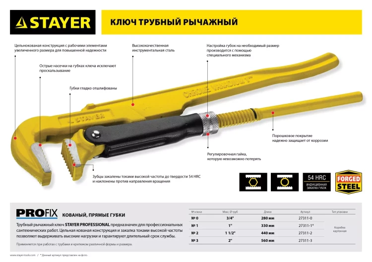 Ключ трубный STAYER "PROFI" рычажный, кованый, прямые губки, № 1, 1" 27311-1 купить в Тобольске