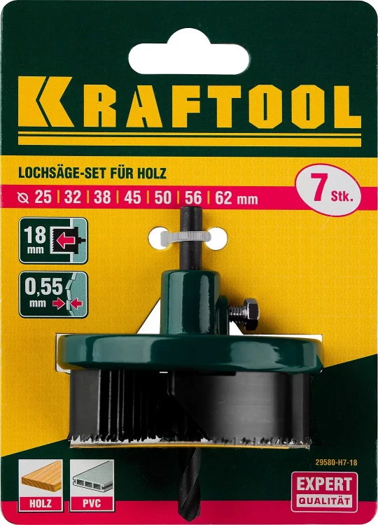 Пила сегментная наборная KRAFTOOL по дереву, 7 полотен: 25-32-38-45-50-56-62х18 мм 29580-H7-18 купить в Тобольске